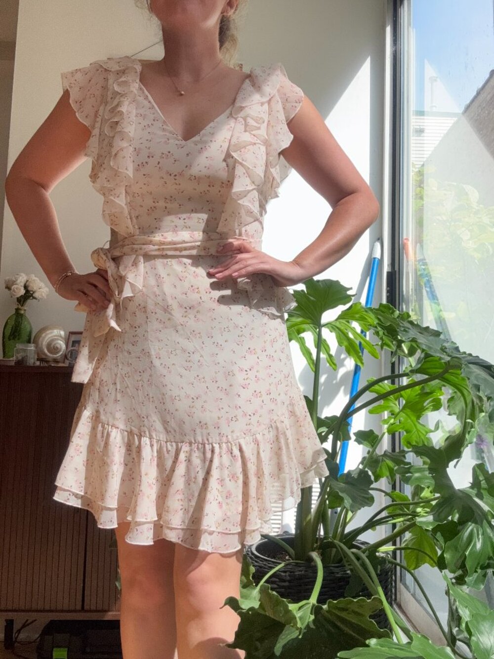 WAYF Terni Ruffle Mini Dress Ivory Ditsy Floral Cap Sleeves - Size Medium